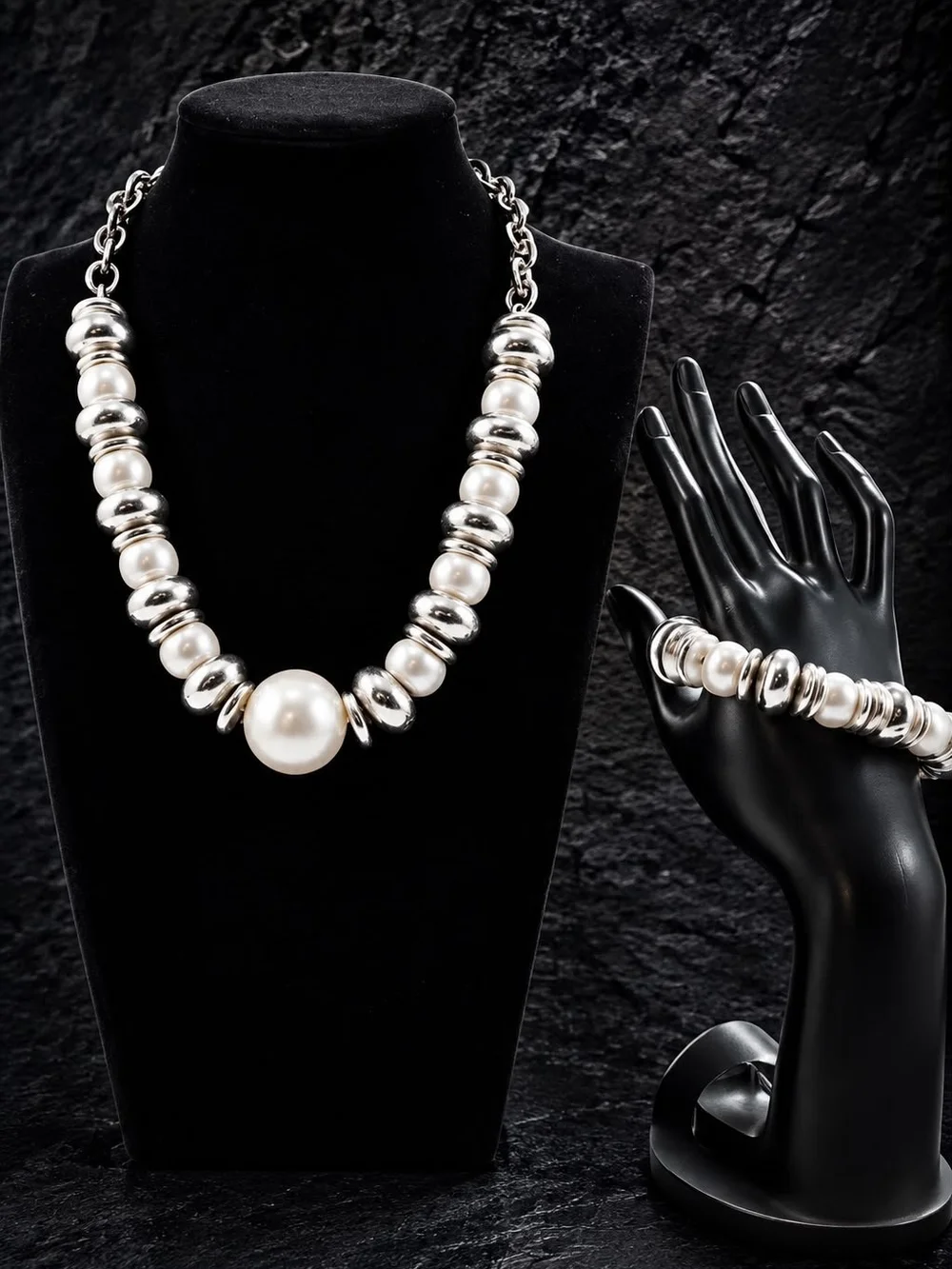Silver Pearl Beaded Necklace and Bracelet Set